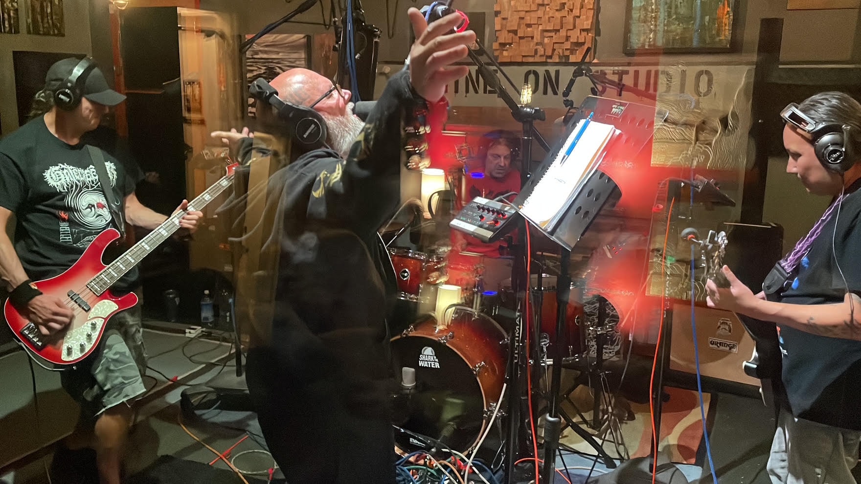 Recording at Shine On Studios: Curran Evans on bass, Ace on guitar, and Angst on vocals, with Chris Lujan on drums