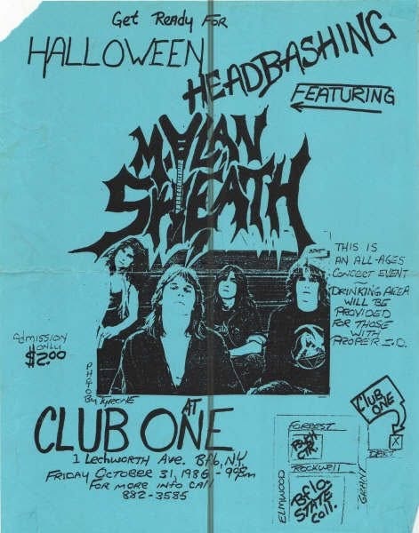Flyer from Halloween night October 31 1986, Tirant Sin garage show and Mylan Sheath at Club One